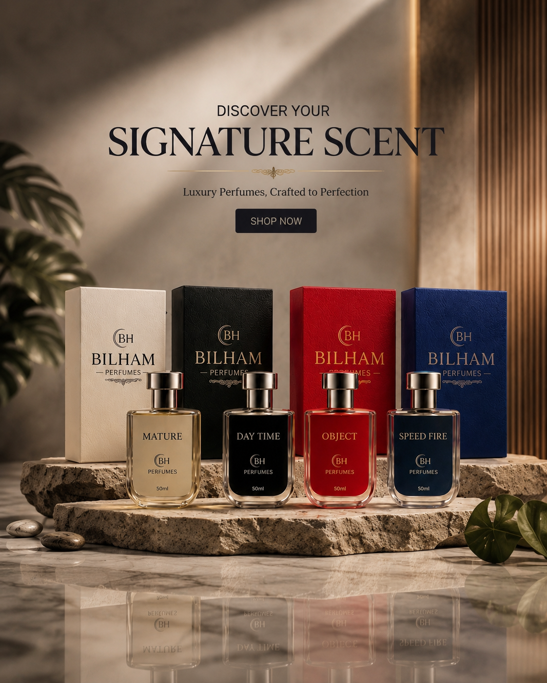 Four Bilham perfume bottles with matching boxes displayed on a stone slab in a luxury setting. The set includes Mature in beige, Day Time in black, Onject in red, and Speed Fire in blue.